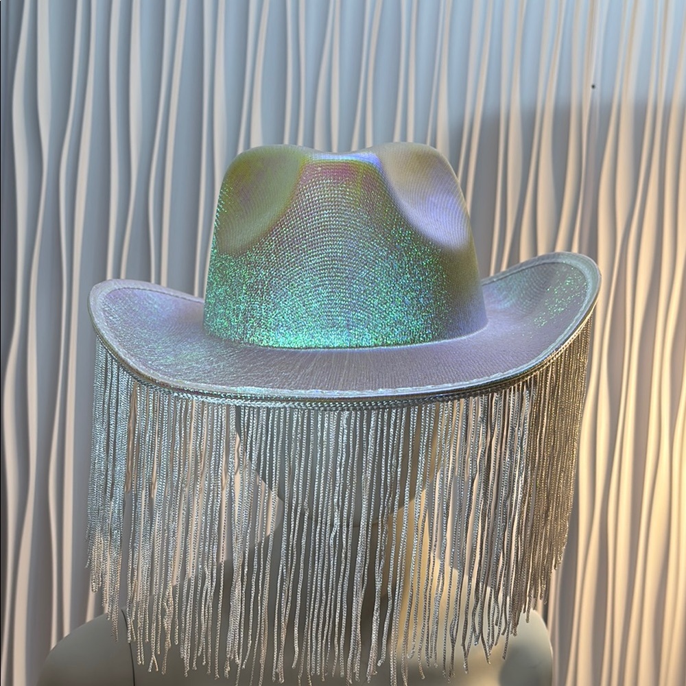 White Iridescent Cowboy Hat with Fringe NWT